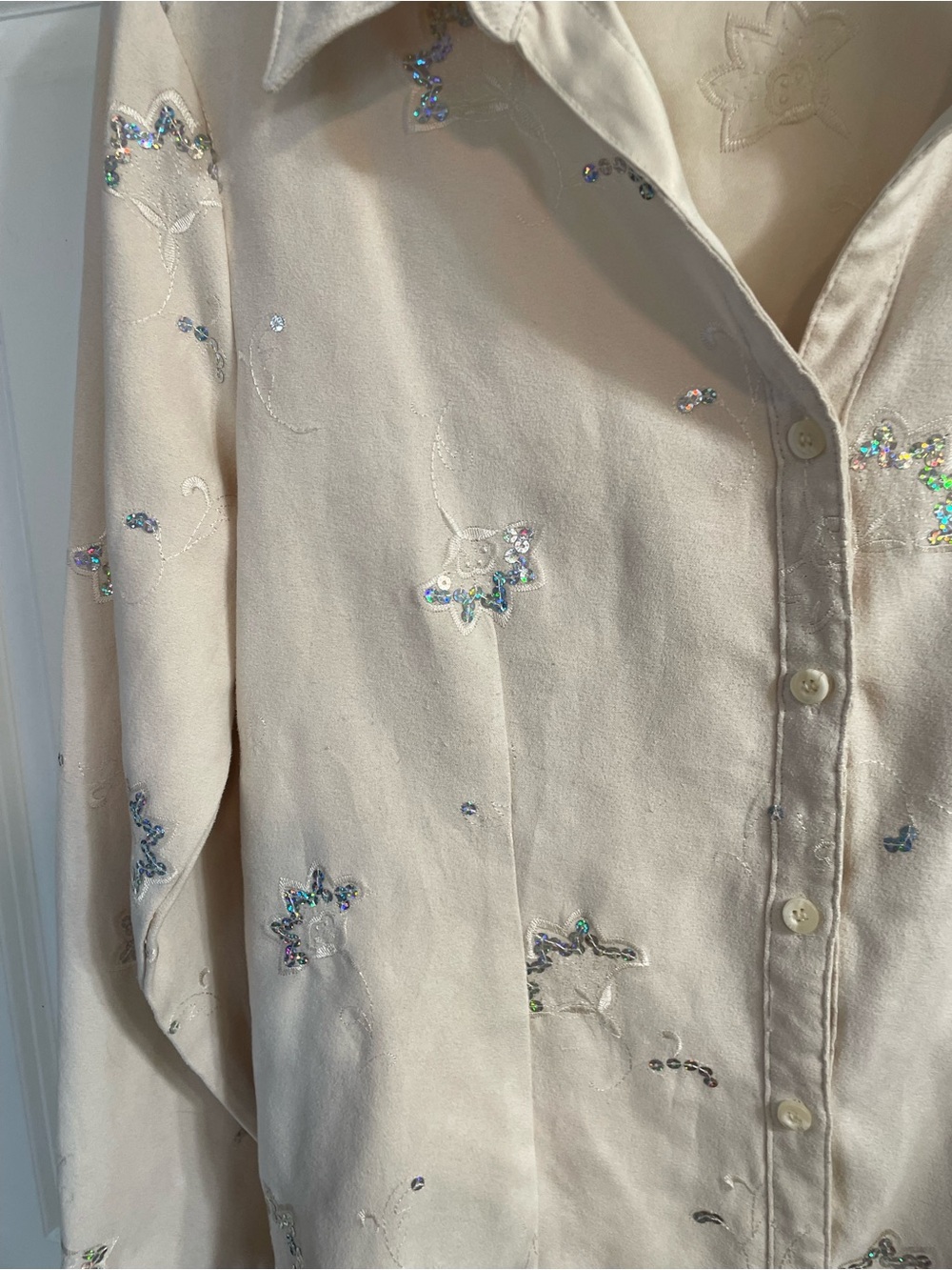 Vintage Lemon Grass Studio Sequin Floral Blouse Cream Polyester Button Up L - Picture 3 of 8